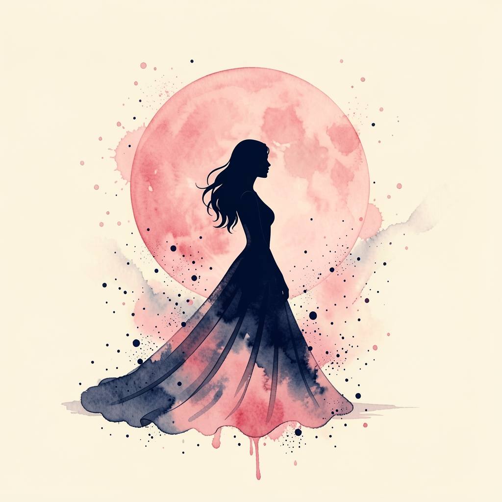 a woman's silhouette before a rose colored moon, watercolor and splatter
