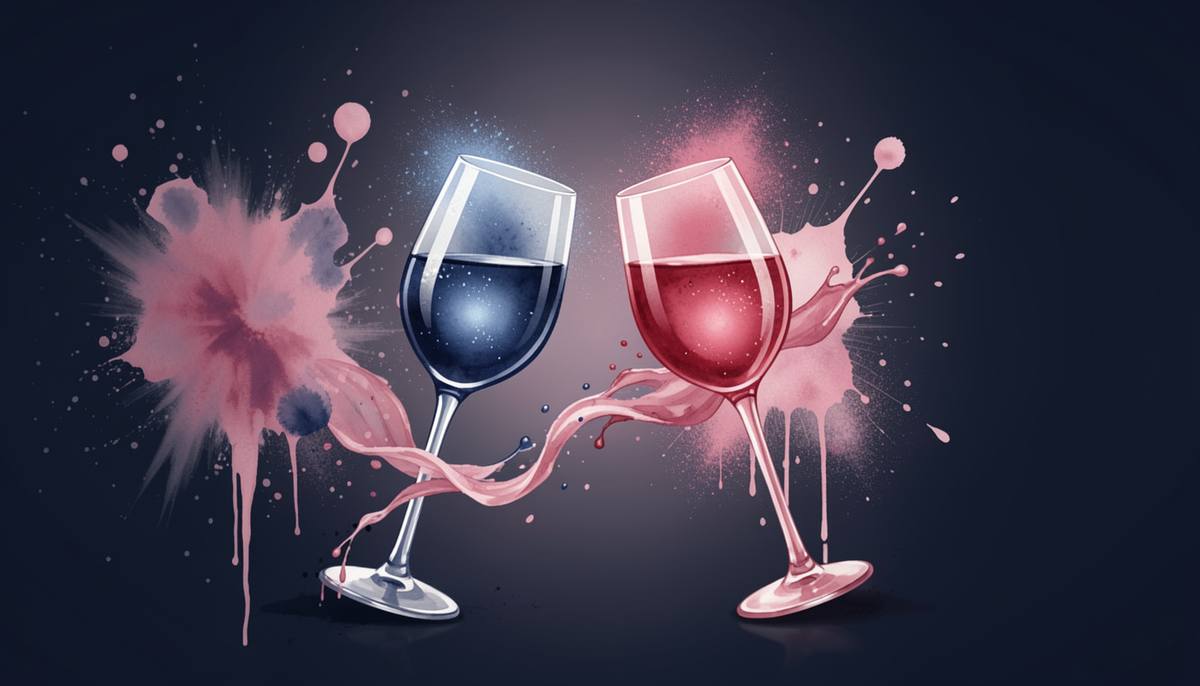 two glasses of wine, navy and rose, under a moon in watercolor