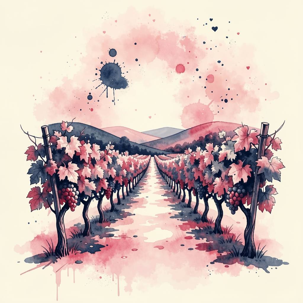 rows of a vineyard in soft light, watercolor and splatter