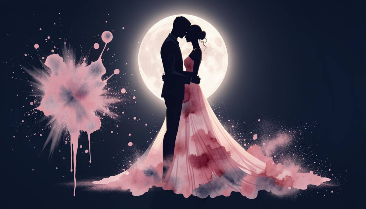two lovers embracing in a burst of magenta and blue watercolor