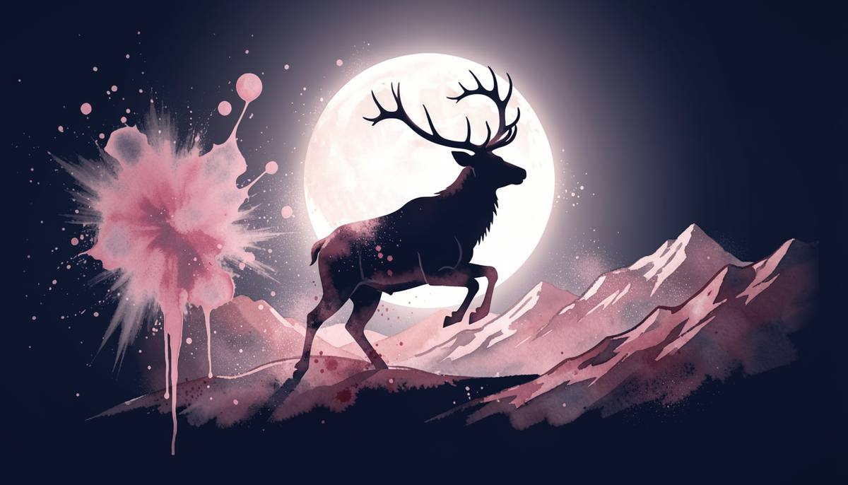 a stag on the spice mountains at night, watercolor and splatter