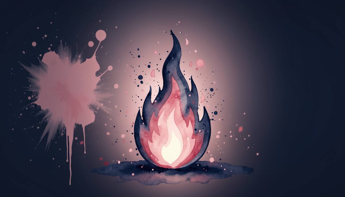 a single flame burning in the dark, watercolor and splatter
