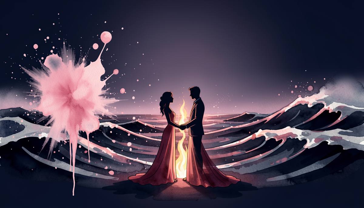 dark rushing waters against a single flame, watercolor and splatter