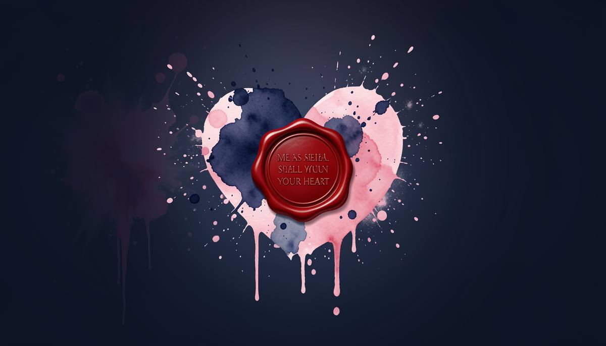 a signet seal pressed over a heart, watercolor and splatter