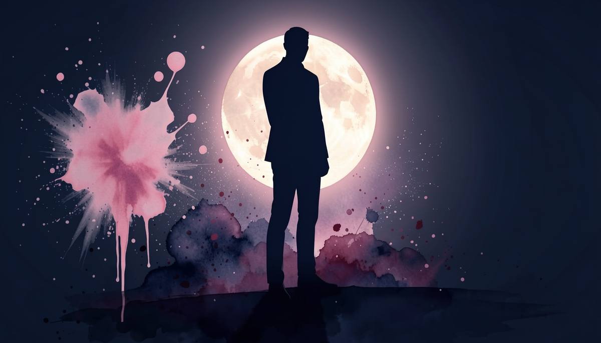 a man's silhouette before a moon, watercolor and splatter