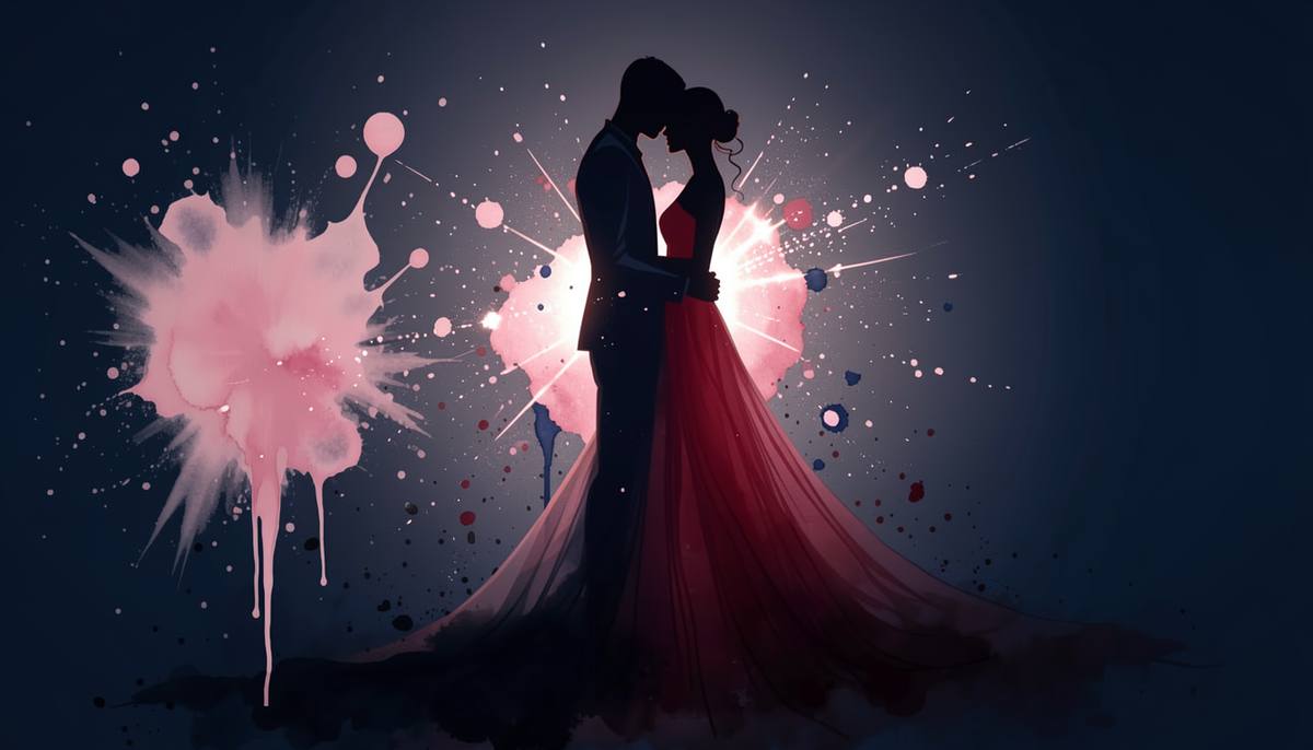 a couple embracing in a cloud of pink and blue watercolor