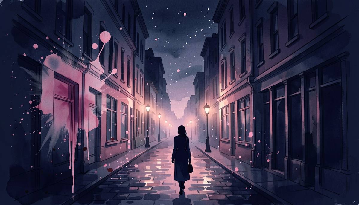 a lone figure searching a dark city at night, watercolor and splatter