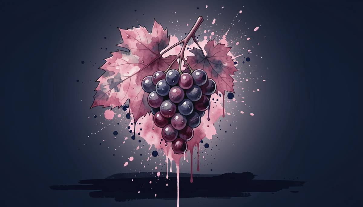 a heavy cluster of grapes in shadow, watercolor and splatter