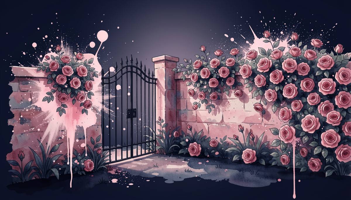 two silhouetted lovers under a stone arch wreathed in flowers, watercolor