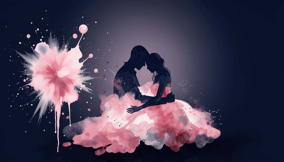 two lovers asleep under a moon, watercolor and splatter