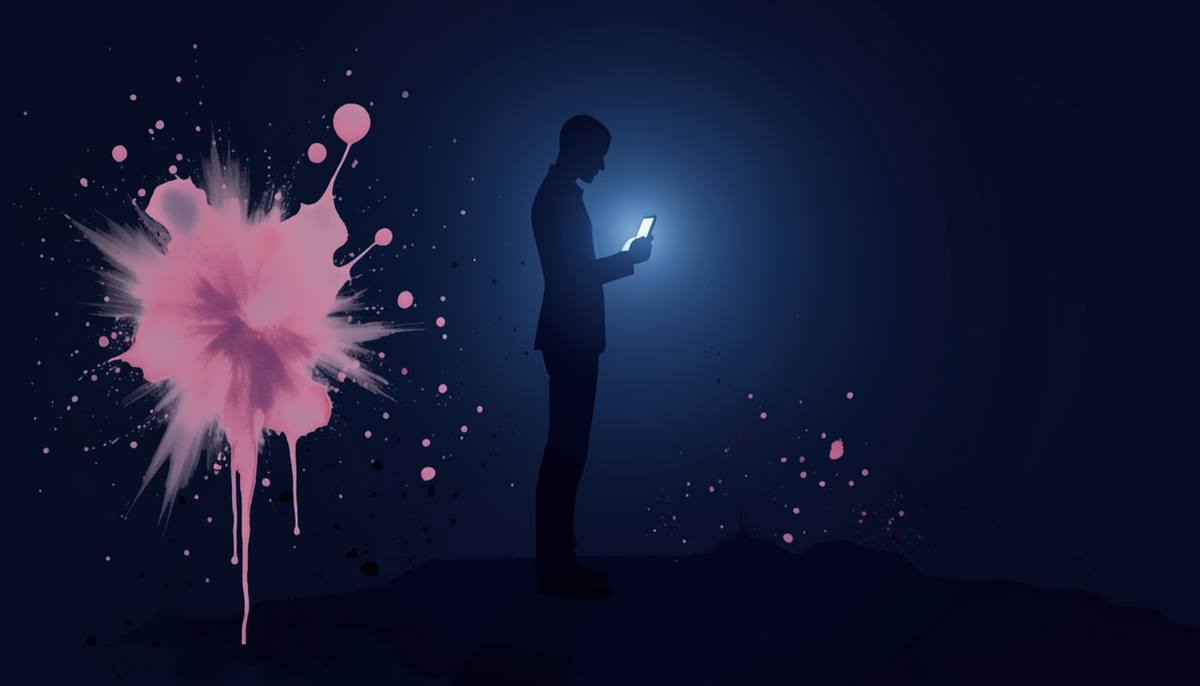 a phone glowing in a dark room, watercolor and splatter