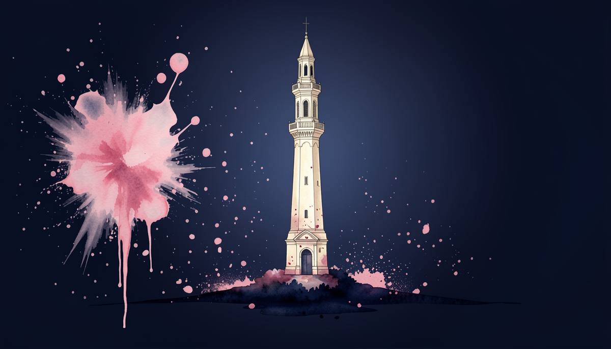 an ivory tower rising against the night, watercolor and splatter