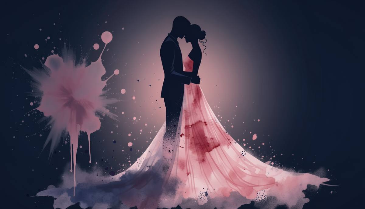 two silhouettes embracing in the dark, watercolor and splatter