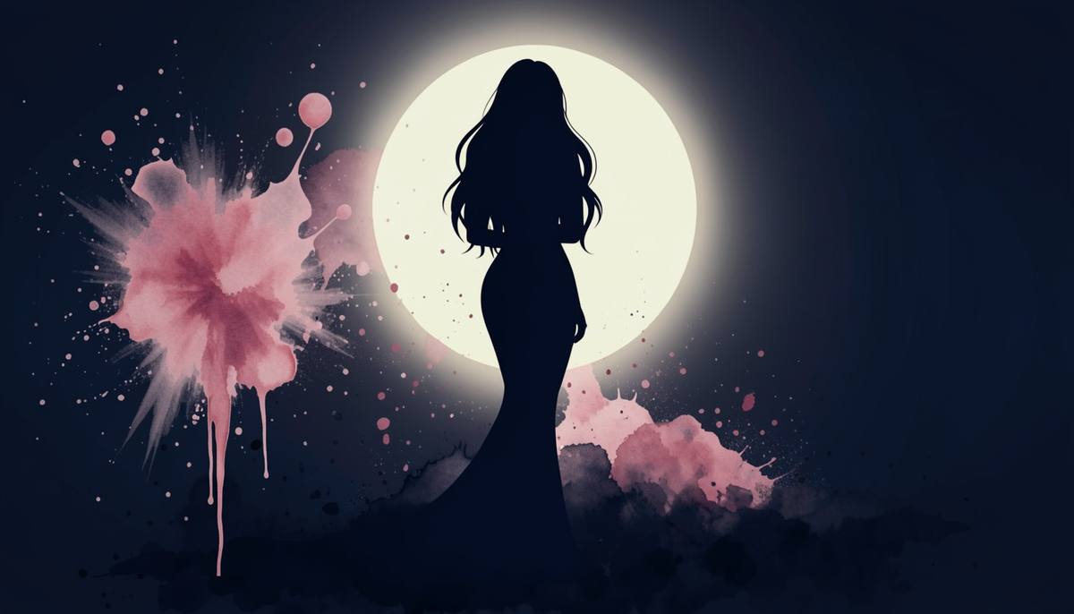 a woman's silhouette before a glowing moon, watercolor and splatter