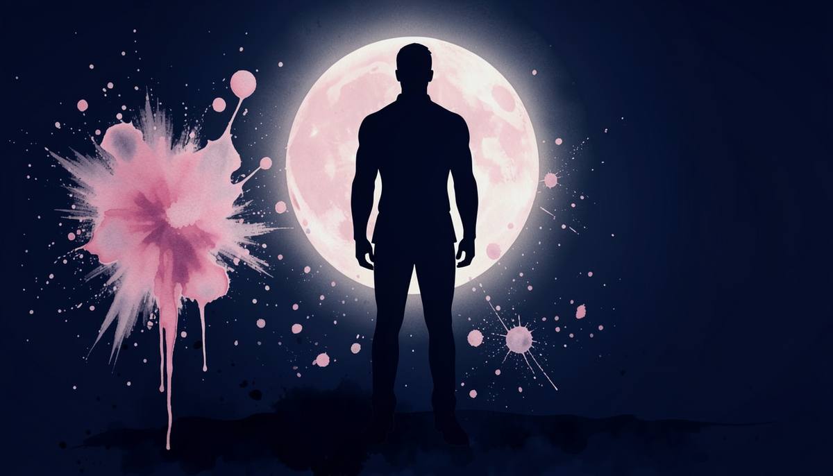 a man's silhouette before a moon, watercolor and splatter