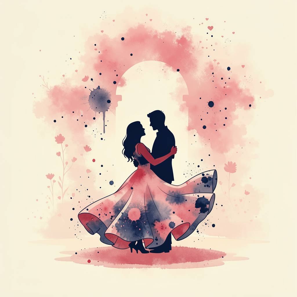 a couple dancing in warm light, watercolor and splatter
