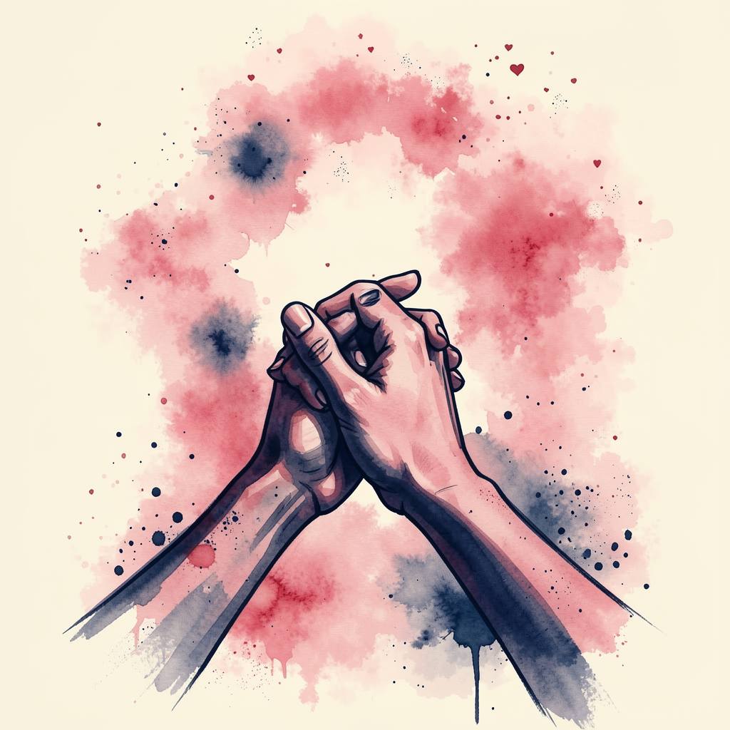 two profiles, one navy and one rose, facing each other with a heart between, watercolor