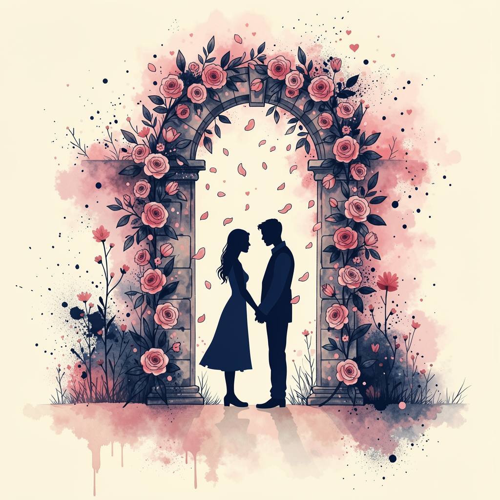 a couple close together beneath a warm arch of light, watercolor
