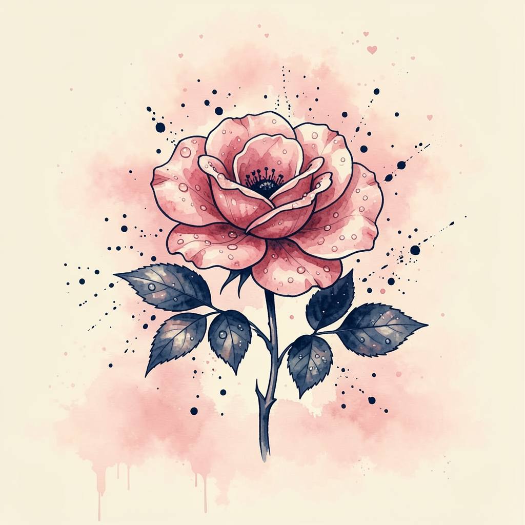 a woman's silhouette before a rose colored moon, watercolor and splatter