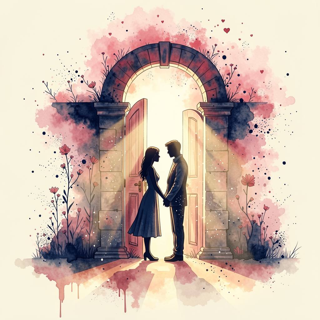 a man and a woman standing close, face to face, before a warm moon, watercolor