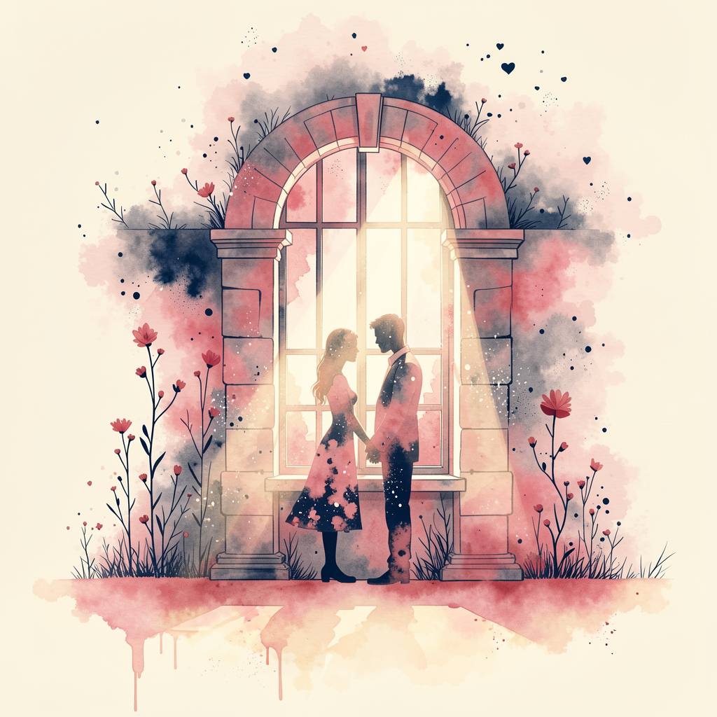 a woman at a window in dawn light, watercolor and splatter