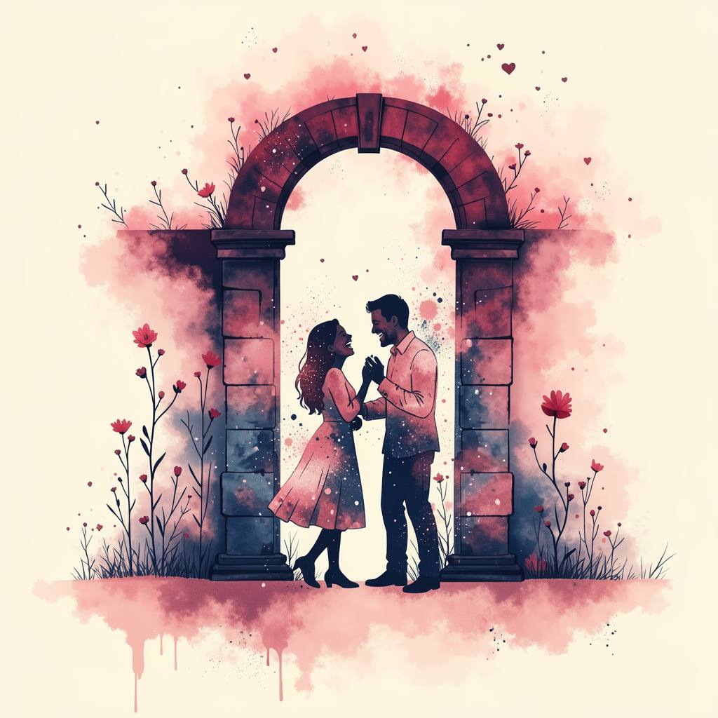 an older couple laughing together in warm light, watercolor and splatter