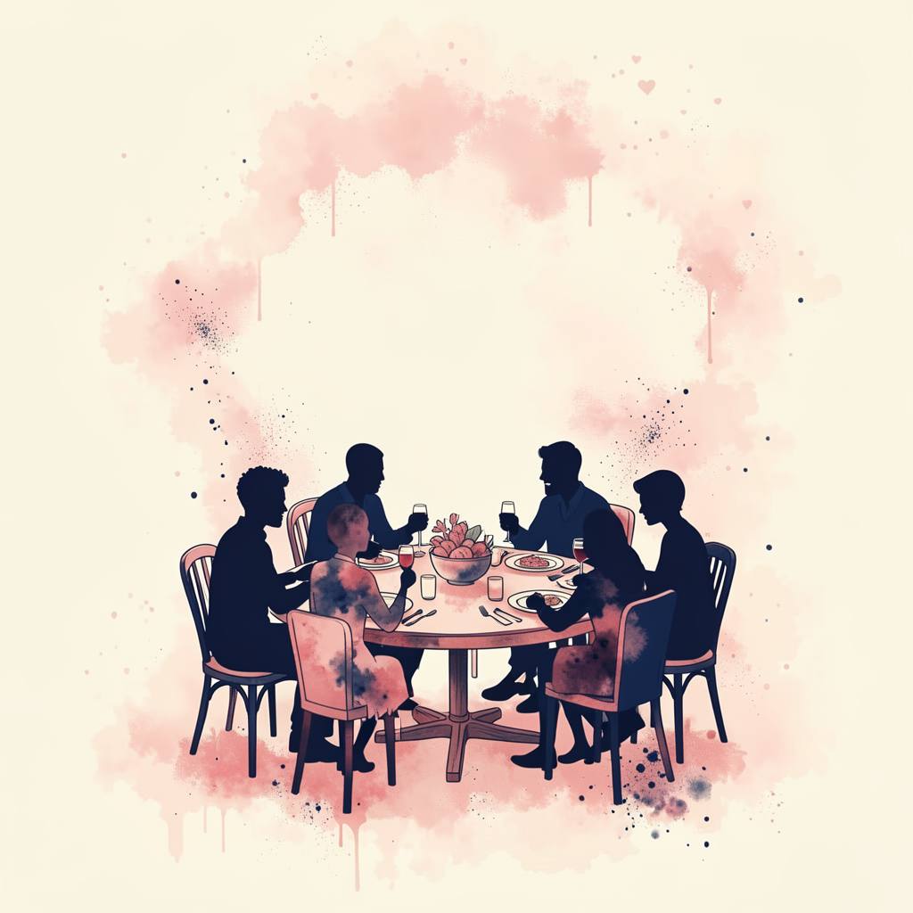 a village community gathered together in warm light, watercolor and splatter