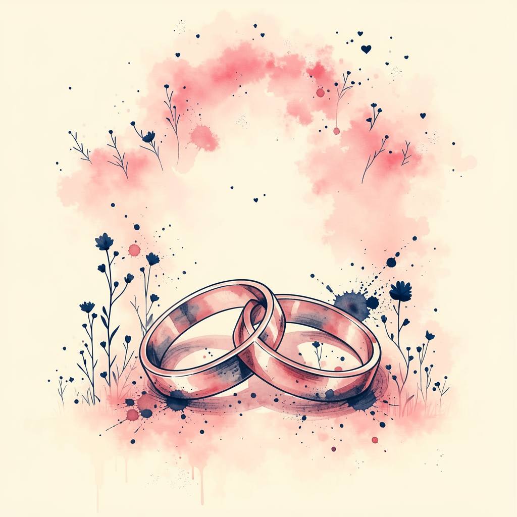two rings resting together in warm light, watercolor and splatter