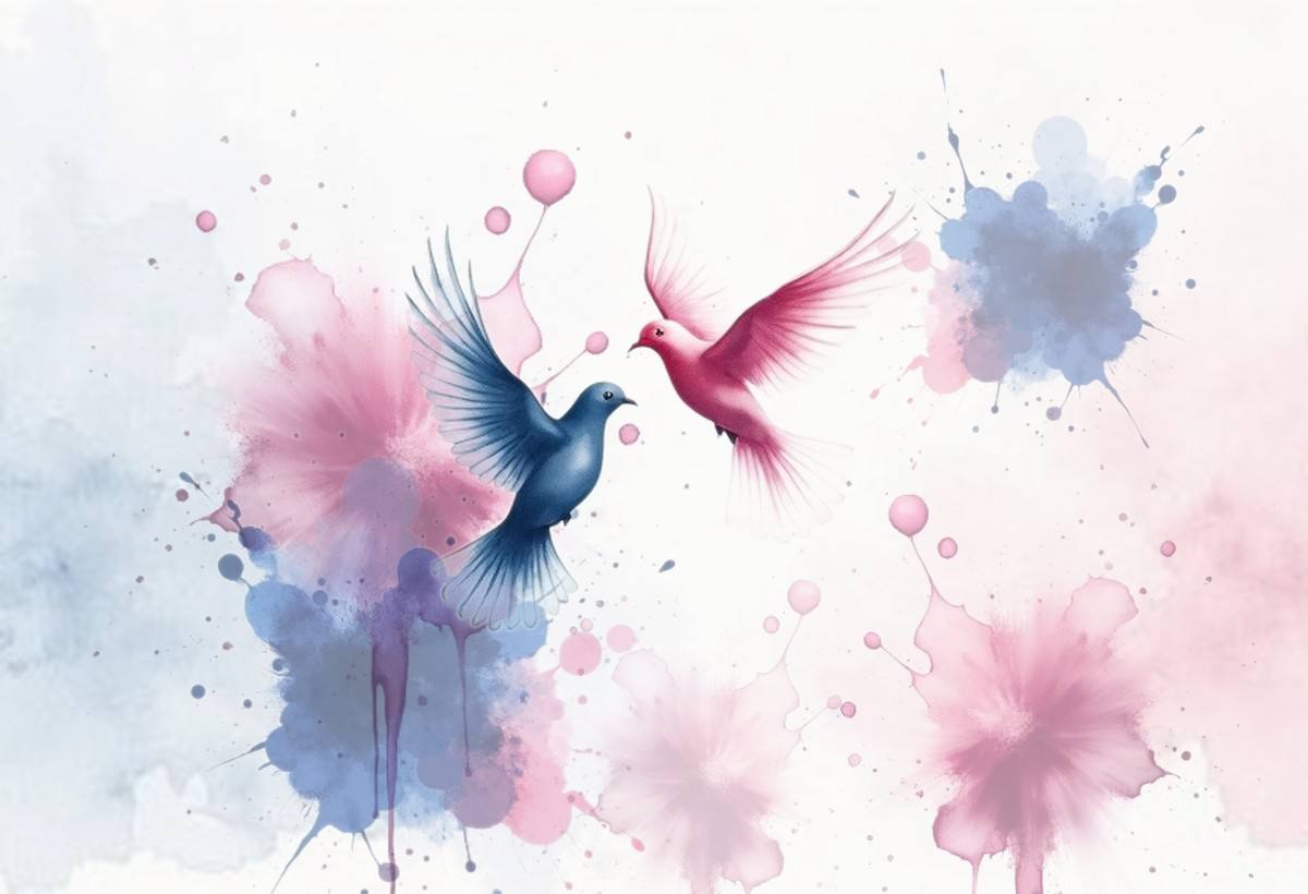 two doves, one navy and one rose, in a watercolor sky
