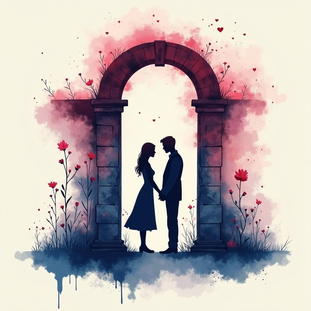 two lovers under a flowering arch